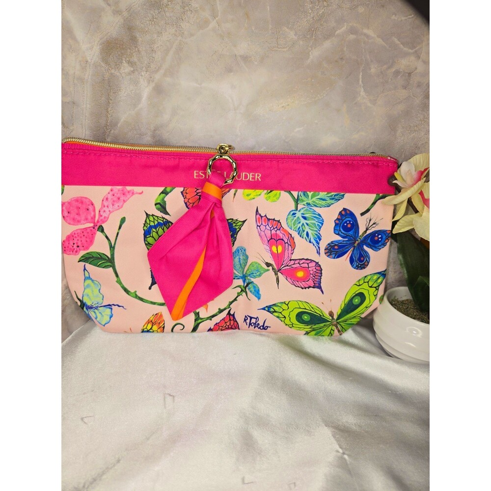 Estée Lauder Floral Butterfly Makeup Bag Pink Multicolor Zipper